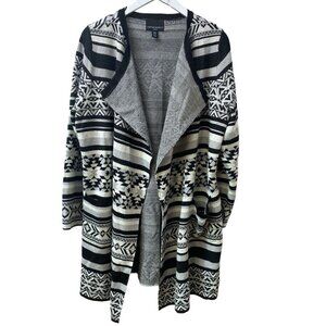Cynthia Rowley Long Cardigan Plus Size 1X Open Sweater Black Aztec Wool Blend Du